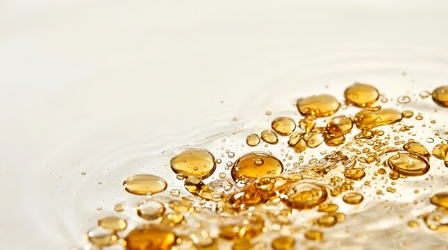 Macro shot of golden oil droplets dispersing in clear water creating abstract patterns