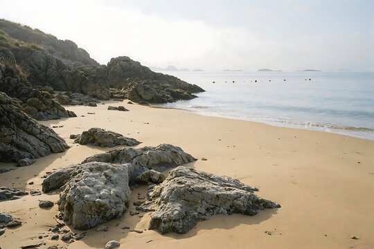 Scenic sandy beach with rocky coastline and calm ocean water under a hazy sky