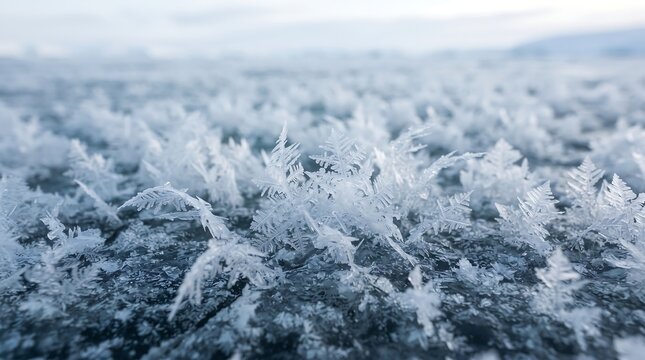 Detailed close up of delicate frost crystals and ice needles forming on a frozen ground surface with crystal