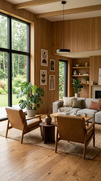 Cozy Modern Living Room with Natural Wood Paneling and Large Windows Overlooking Greenery