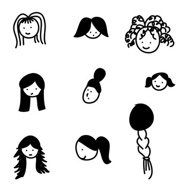 Set of women's faces with different hairstyles isolated background doodles.