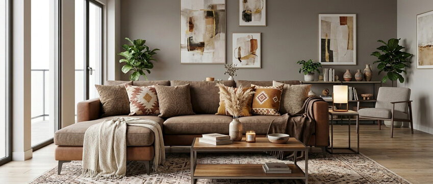 Cozy modern living room with sectional sofa abstract art coffee table and plants