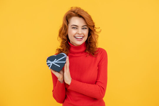 Women with gift concept. Portrait of woman hold gift box. Girl celebrating birthday and receive gift presents. Girl celebrate 8-march, 14-february day, womans day, mothers day hold gift.