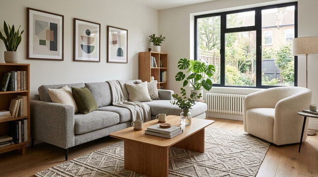 Cozy modern living room with sectional sofa armchair wood coffee table and large window with green view