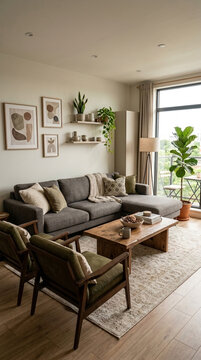 Cozy Modern Living Room with Sectional Sofa Coffee Table Plants and Abstract Art
