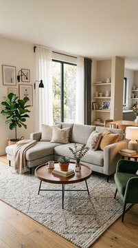 Cozy Modern Living Room with Sectional Sofa Coffee Table Green Plant and Large Window