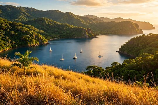 Scenic tropical bay with sailboats at sunset in costa rica