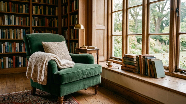Cozy Reading Nook Green Armchair by Window with Bookshelves and Garden View