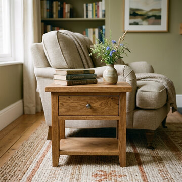 Cozy Reading Nook Oak Bedside Table with Books Vase and Armchair in Living Room