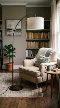 Cozy Reading Nook with Arch Floor Lamp Armchair Bookshelf and Fiddle Leaf Fig Plant Relaxing Home Interior