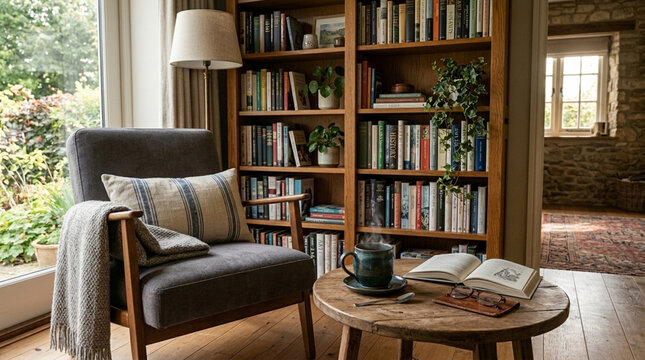 Cozy reading nook with armchair bookshelf and coffee table in a warm inviting living room natural light