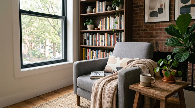 Cozy reading nook with armchair bookshelf and plants by window Relaxing home interior