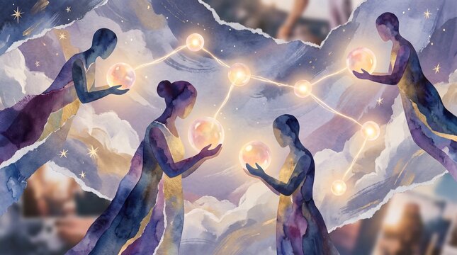 conceptual art exploration, abstract human silhouettes cradle glowing orbs, forming a shared constellation