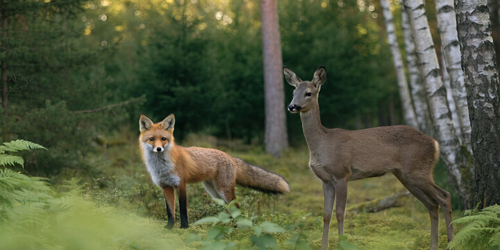 Red fox and European roe deer in a quiet woodland clearing among ferns