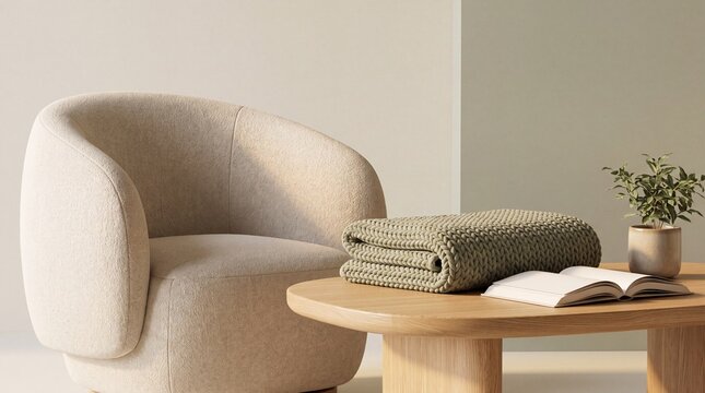 wellness interior design, a serene wellness corner featuring a soft armchair, blanket, book, and plant