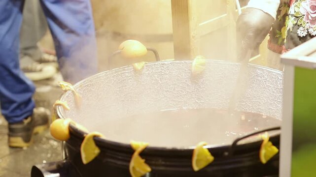 Large Pot of Mulled Wine with Orange Slices