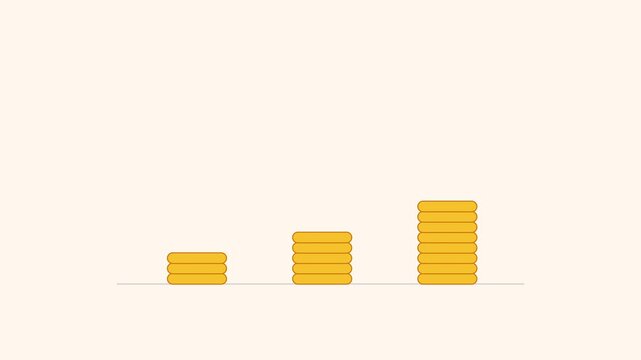 Three stacks of golden coins growing in height animated on minimal background.