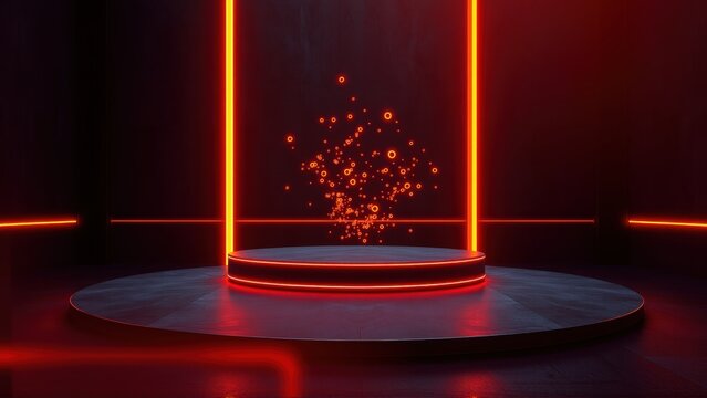 Dark stage features glowing red neon lights. Circular platform holds floating particles, creating futuristic display. Minimalist design, dramatic lighting.