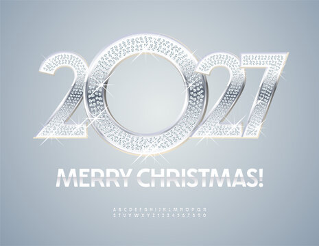 Vector Stylish Greeting Card Merry Christmas 2027! Trendy Chic Font. Elegant Silver set of Upscale Contemporary Alphabet Letters and Numbers.