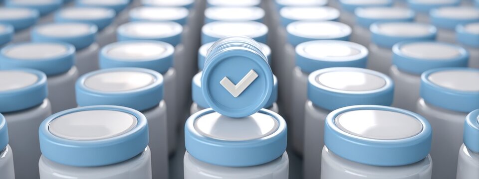 A glowing verification icon displayed on a product moving along a conveyor line, surrounded by packaged items in a clean automated production environment. Concept of quality inspection, banner