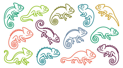 Set of colorful chameleon icons with simple outline style on white background. © Ciara