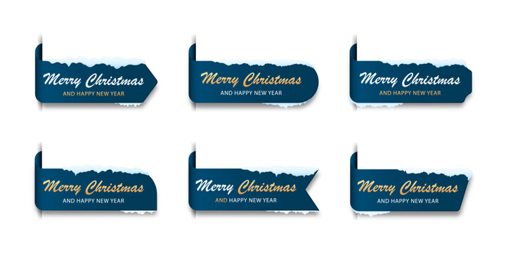 Blue Christmas ribbon banners collection with snow covered edges.