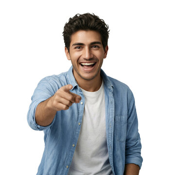 Latino student portrait isolated young man pointing at camera wearing casual shirt on a transparent background for educational marketing concepts