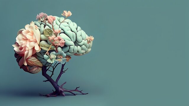 Human brain shaped like a blooming tree with delicate flowers and roots against a solid background. Creative psychology concept for mental health campaigns.