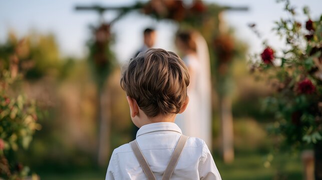 Child watches wedding ceremony outdoors with copy space