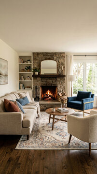 Cozy living room with stone fireplace comfortable sofa accent chair and warm fire burning