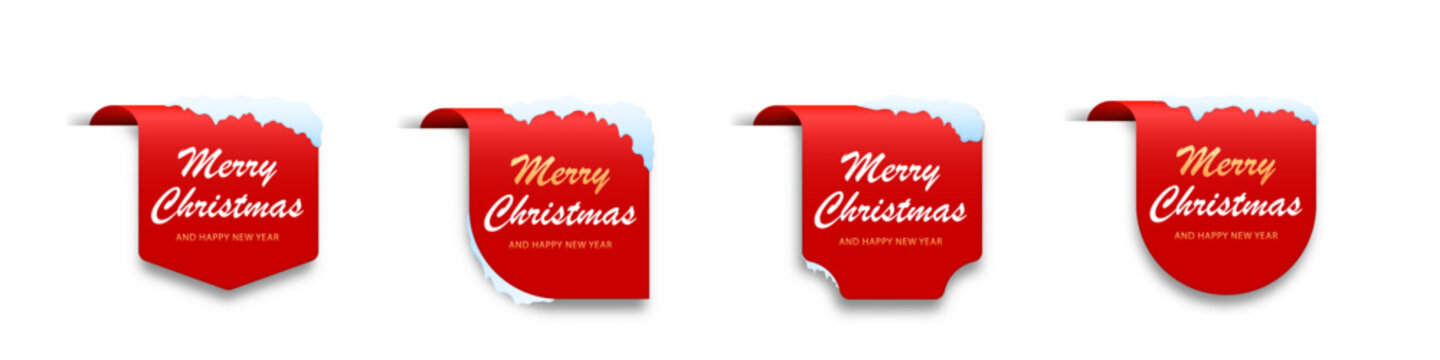 Set of red Christmas labels with snow caps and festive greetings.