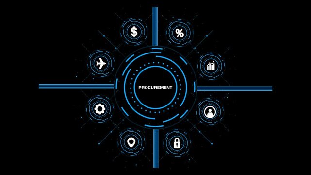 Circular infographic diagram representing procurement with for finance, growth, user, security, location, operations, and travel illuminated in blue on a black background Keywords: procurement