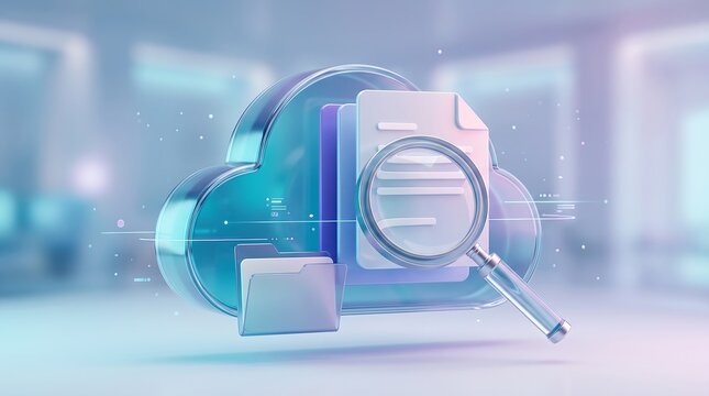 Digital cloud computing storage icon with magnifying glass searching through electronic document files and folders as a 3D render representing data security and information retrieval