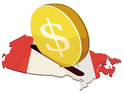 3D illustration of Canadian financial investment, national savings, economic wealth, and banking with a dollar coin inserted into the Canada flag map (cut out)