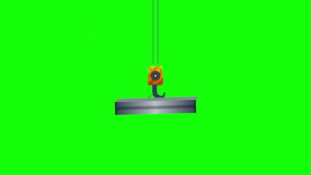 Industrial crane lifting heavy metal beam against vibrant green screen background for projects