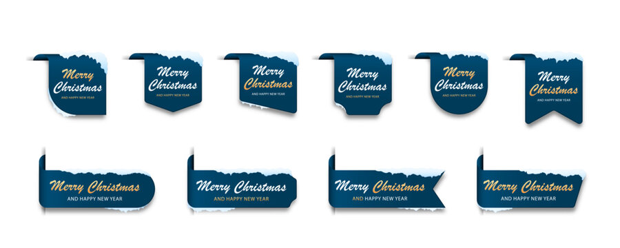 Christmas labels with snow covered edges, holiday greetings and realistic paper shadows.