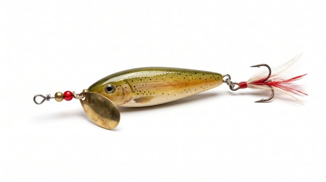 Vintage fishing lure with gold spinner blade and feathered treble hook. Antique trout bait for sport fishing and outdoor recreation