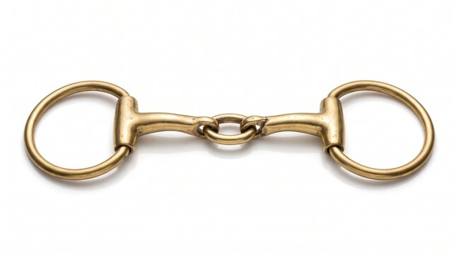 Brass horse bit, equestrian snaffle bit equipment. Metallic horse tack item for riding sports, animal training, and equestrian lifestyle themes.