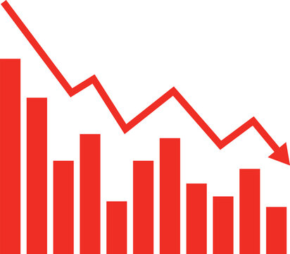Red bar chart with downward arrow showing decline flat illustration.