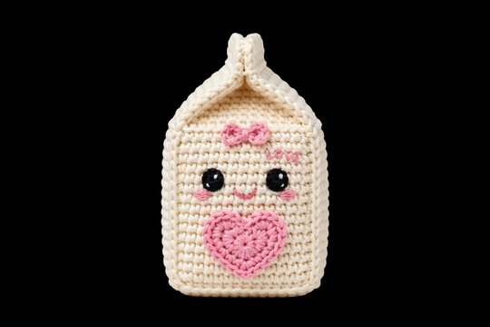 Handmade amigurumi crochet character of an adorable milk carton with a pink heart and sweet facial expression, isolated on a stark black background, for Valentine's Day greetings or crafting blogs.