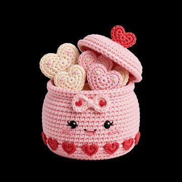 Kawaii amigurumi crochet craft of a smiling pink basket overflowing with handmade yarn hearts, isolated on a black background for a Valentine's Day greeting concept.