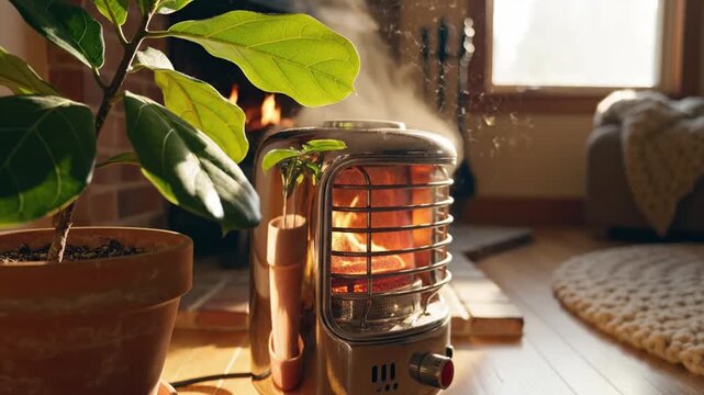Potted plant warms beside glowing heater in cozy room. Sunlight streams through window while steam rises and soft firelight reflects on wood floor, rug, and nearby chair for calm home comfort.
