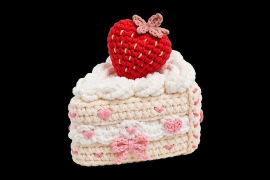 Kawaii amigurumi yarn craft of a strawberry shortcake slice with cream frosting, pink hearts, and a bow isolated on a black background for a DIY hobby concept.