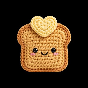 Kawaii amigurumi crochet food character featuring a happy slice of toast with a yellow butter heart, isolated on a black background with a charming expression. Concept for crafting blogs and Valentine