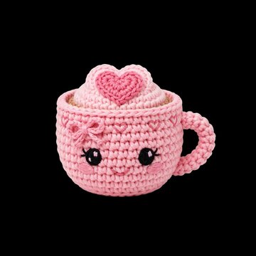 Handmade amigurumi crochet craft of a smiling pink coffee mug with a heart on its foam topping, isolated on black background for a Valentine's Day project concept.