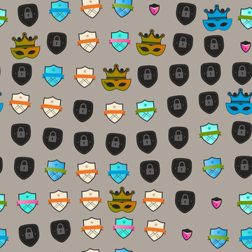 Seamless pattern of shields, locks, crowns, and masks