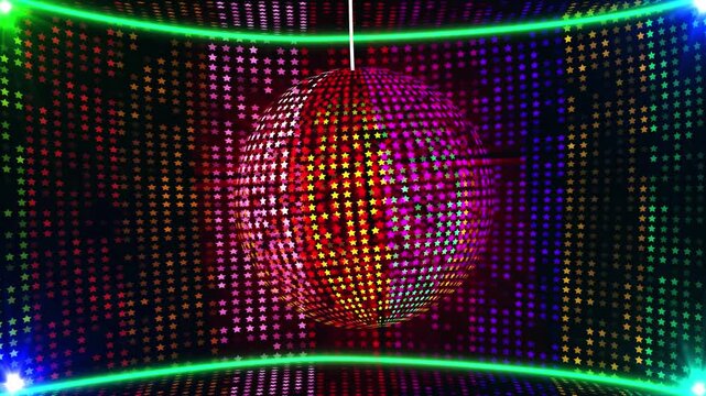 A Vibrant Rotating Disco Ball Suspended In A Dark Club Environment With A Background Of Glowing Multi Colored Star Patterns And Neon Green Border Lighting Creating An Energetic Nightlife Atmospher