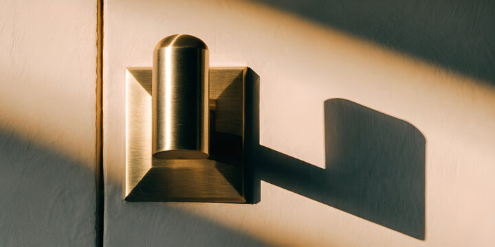Brushed-brass door handle on warm sand-colored plaster door with geometric backplate
