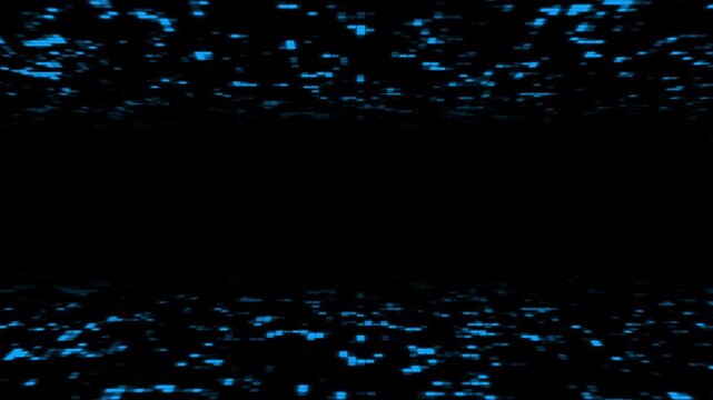 Blue glowing pixel clusters frame a deep black void, creating dramatic negative space for tron backgrounds, gaming graphics, and presentations.