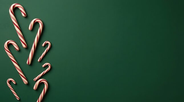 Festive candy canes arranged on a dark green background for christmas day celebrations